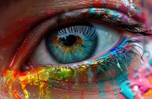 a close up of an eye with paint on it photo