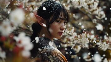 a woman with elf ears standing in front of a flowering tree photo