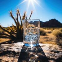 a glass of water on a rock in the desert photo