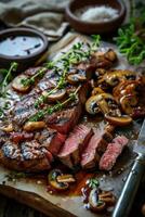 a steak and mushrooms on a cutting board photo