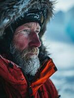 a man wearing a red coat and a red hat with a beard and a red jacket with a white beard photo