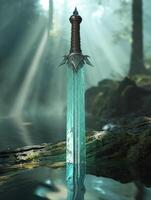 a sword in water with sunlight shining through the trees photo