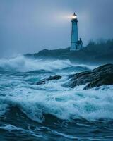 a lighthouse on a rocky shore with waves crashing photo