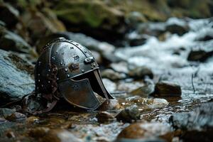a helmet in a stream photo