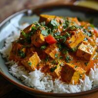 a bowl of food with rice and tofu photo