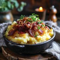 a bowl of mashed potatoes with bacon and sprigs of herbs photo