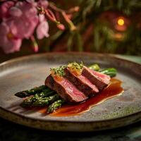 a plate of food with meat and asparagus photo