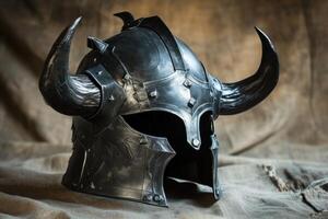 a helmet with horns on a cloth photo