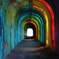a rainbow colored tunnel with light coming through photo