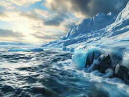 a snowy mountain with ice and water photo