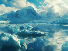 icebergs in the water with mountains in the background photo