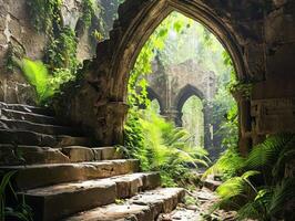 a stone archway with stairs and plants in the background photo
