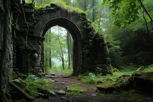 an old stone arch in a forest photo