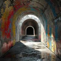 a tunnel with a light shining through photo