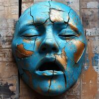 a blue and gold mask on a wood surface photo