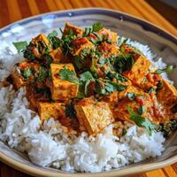 a bowl of rice with tofu and cilantro photo