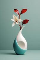a white and red flower in a blue and white vase photo