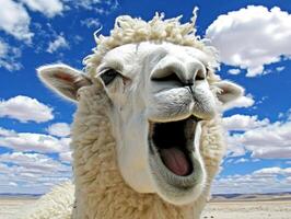 a close up of a llama with its mouth open photo