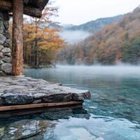 Serene autumn landscape with wooden dock overlooking misty lake photo