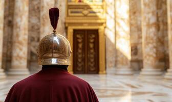 ornate golden helmet in a grand cathedral photo