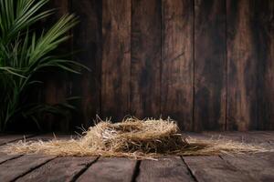Nest made of straw on wooden table photo
