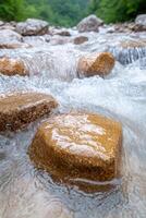 Rushing mountain stream with golden rocks photo