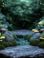 Enchanted forest with glowing mushrooms and flowing stream photo