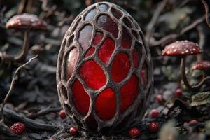 Mysterious red mushroom with intricate patterns photo