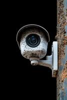 Weathered security camera mounted on a rusty metal surface photo
