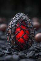 Mysterious glowing egg shaped object in dark forest photo