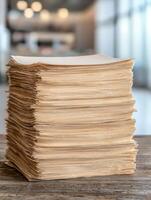 stack of paper documents on wooden table photo