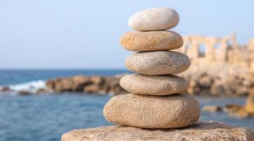 Stacked stones overlooking the ocean photo