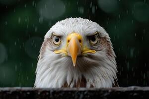 Close up of a bald eagle with intense gaze in the rain photo