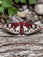 Colorful moth resting on weathered wood photo