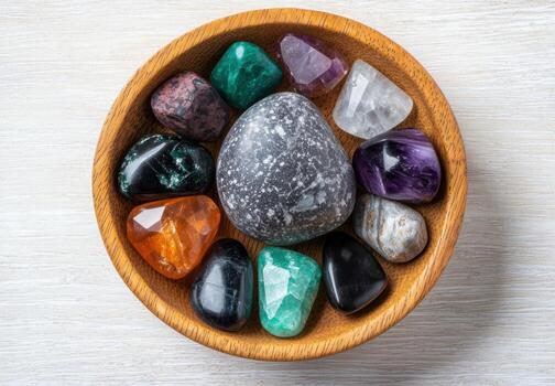 surtido de vistoso natural piedras preciosas en de madera bandeja foto