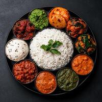 Assortment of Indian curry dishes with rice photo