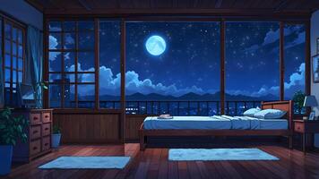 cozy lofi night room with bed and open window glowing particle falling seamless loop video
