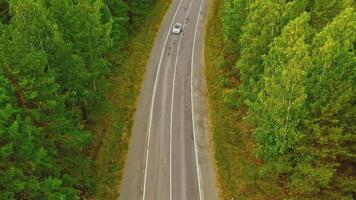 Aerial view of convertible car driving along country road in forest of Georgia in summer on sunny day. Footage. Cinematic drone captures shot of beautiful empty road with the only car. video