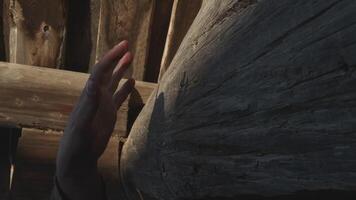 Close up of man hands slowly and timidly touching wooden beam house wall. Media. Concept of returning home after many years. video