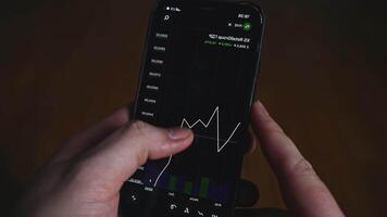 Mobile phone stock market crypto currency. Media. Close-up of man betting on financial exchange. Cryptocurrency and scripted market charts on phone video