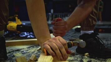 Carpenter using chisel tool for wood working. Media. Carpentry, craftsmanship, handicrafts concept. video