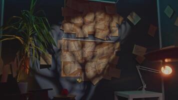 Boards with notes and threads. Stock footage. Boards with mysterious notes and threads. Notes and threads in dark office video