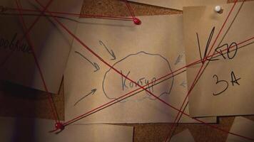 Close-up of note with red thread. Stock footage. Word for note with red thread. Mysterious word in rebus from notes on board with red thread video