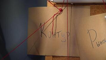 Close-up of note with red thread. Stock footage. Word for note with red thread. Mysterious word in rebus from notes on board with red thread video