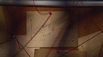Notes with red thread on idea board. Stock footage. Close-up notes with inscriptions on board with rebus. Mysterious blackboard with notes and red thread in night office video