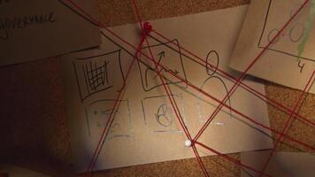 Close-up lighting of notes on board. Stock footage. Flashlight illuminates secret notes on board with threads. Red threads intersect on board with mysterious notes video