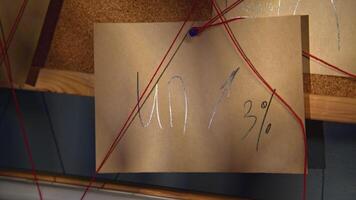 Notes with red thread. Stock footage. Close-up of mysterious notes connected by red thread. Symbols and puzzles on mysterious board with threads video