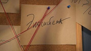 Close-up of note with red thread. Stock footage. Word for note with red thread. Mysterious word in rebus from notes on board with red thread video