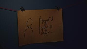Mysterious notes in night office. Stock footage. Rebus notes are illuminated in night office. Mysterious notes with inscriptions and red thread in night room video