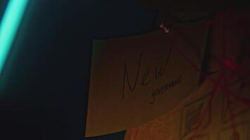 Mysterious notes on board. Stock footage. Lantern illuminates night room with notes. Mystical investigation with notes and red thread in night room video